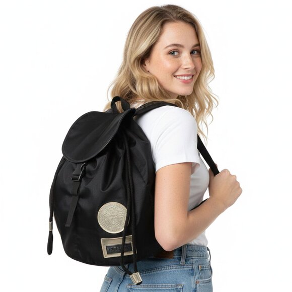 VERSACE Parfums Black Nylon Backpack Gold Medusa Logo Bag Travel Gym Drawstring - Picture 13 of 13